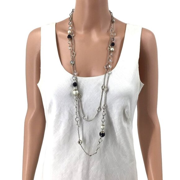 Ann Taylor Necklace Double Strand Silver Tone Black Beaded Toggle Closure - Picture 2 of 3